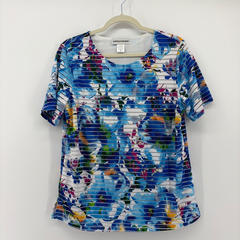 Cathy Daniels Womens Medium Blue Floral Top Burnout Stripe Short Sleeve Lined